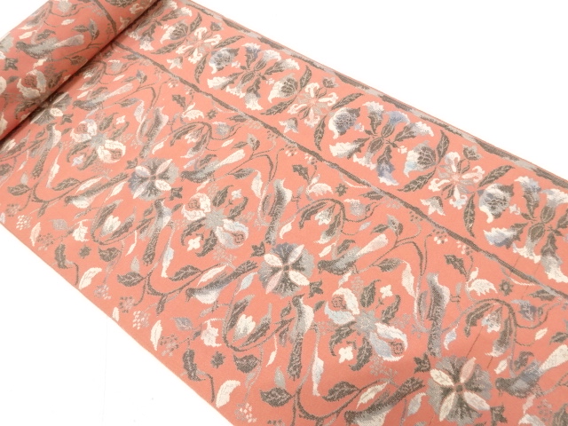 アンティーク　本場筑前博多　花鳥模様織り出し　名古屋帯地反物